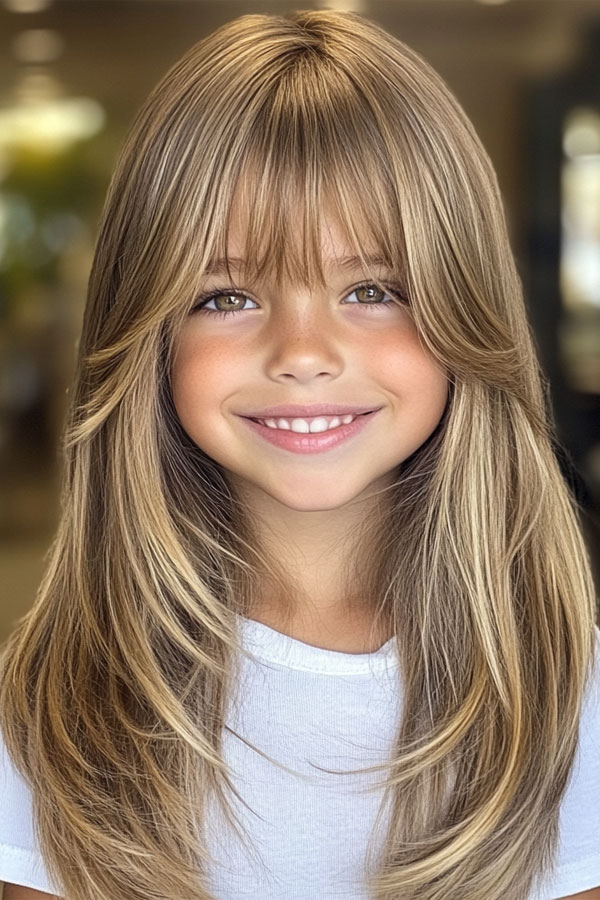 7 Year old Girl Long Layered Haircut with Curtain Fringe