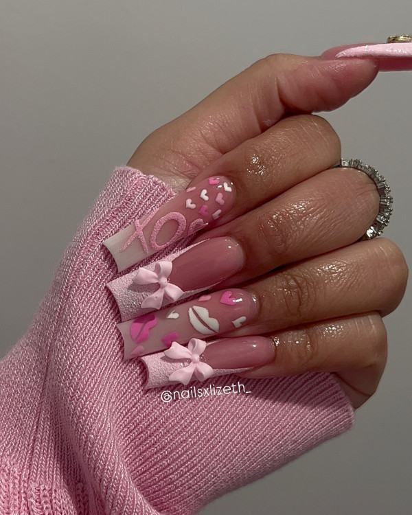 Acrylic Ombre French Tips with Hearts and Lips, valentine nails, Valentine's day nails, Valentine's day nail art, Valentine nail designs