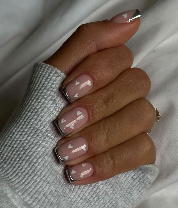 Metallic Chrome French Tips with Love Hearts, metallic french tip nails with love hearts, Pretty Valentine's Day Nails That Scream Romance, Valentine nails, Valentine's day nails