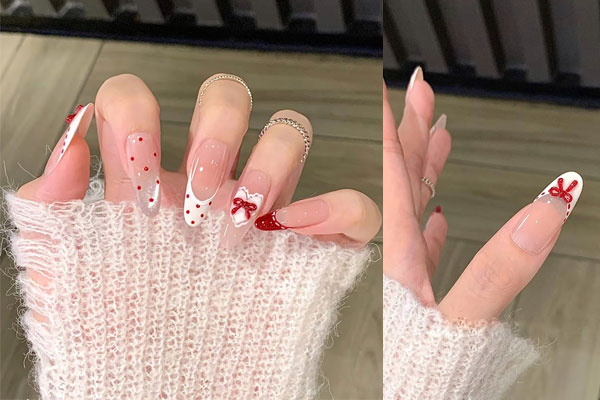 Festive Bow Heart Tips Almond Nails, Pretty Valentine's Day Nails That Scream Romance, Valentine nails, Valentine's day nails